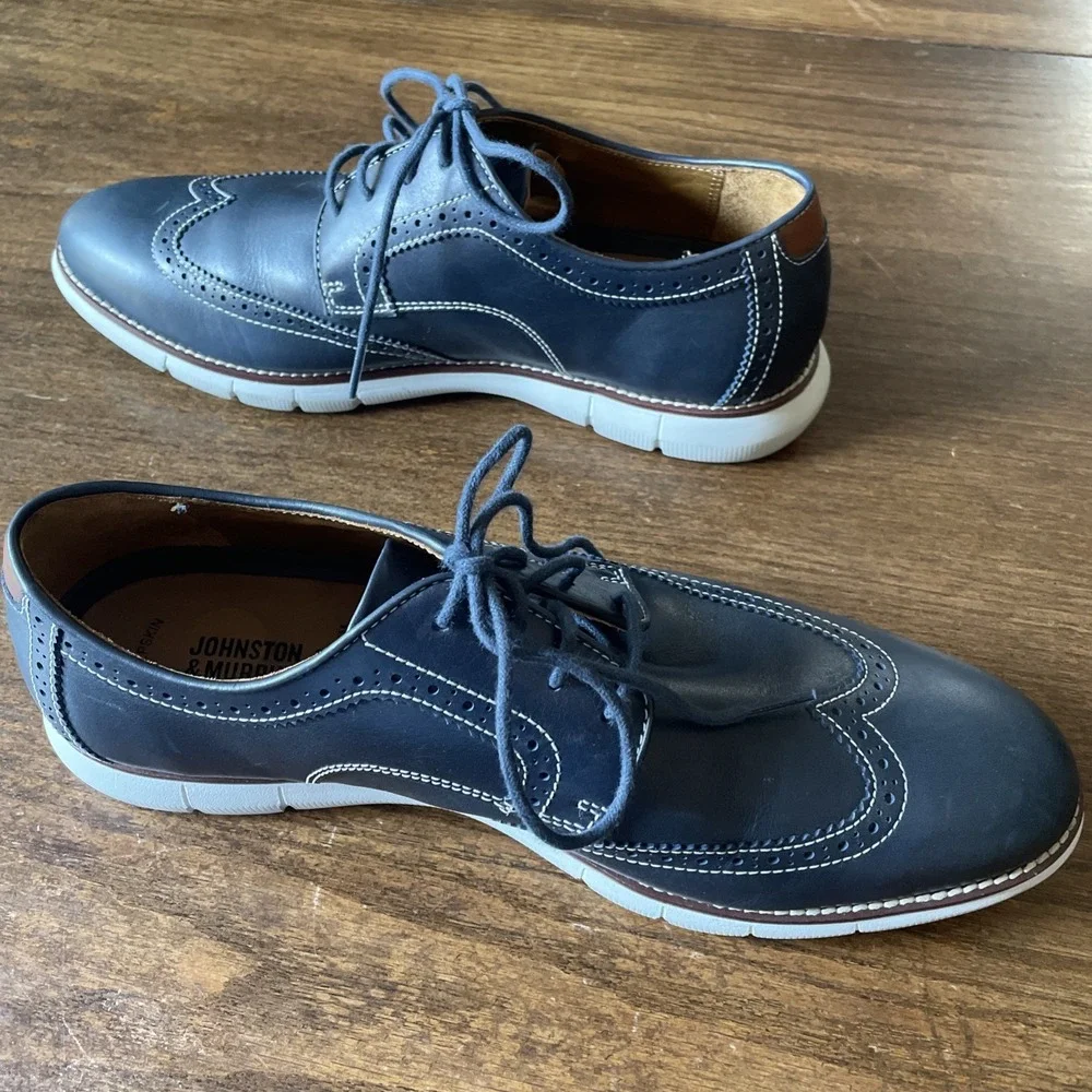 Johnston & Murphy Men's 10.5 Navy Leather Wingtip Oxford Dress Shoes 20-8369